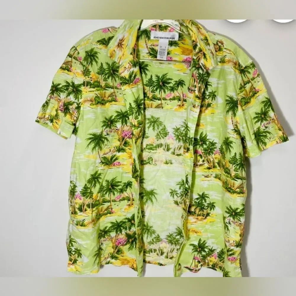 Vtg Jones New York Sport XL Shrtslv Linen Blend Hawaiian Tropical Women Shirt